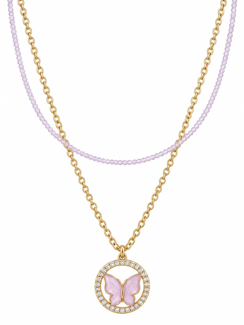 Guess Gold-Tone Layered Necklace with Lilac Beads and Butterfly Pendant